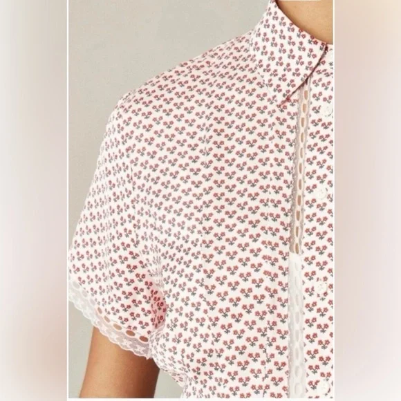 J Crew NWT Midi White w/ Tiny Red Flowers Short-Sleeve Shirt Dress. Size 6 - Picture 3 of 9